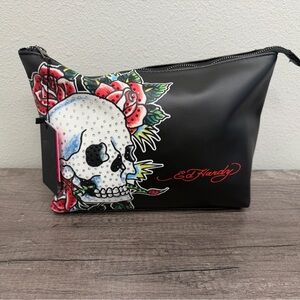 Ed Hardy Black and Red Skull Tattoo Rhinestone Accent Cosmetic Bag